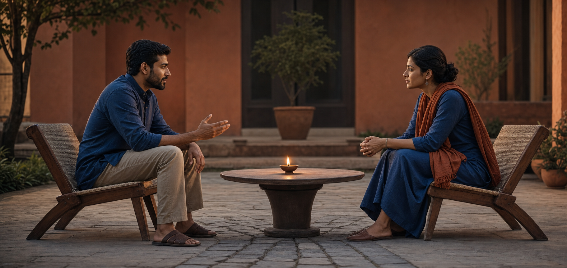 Two adults speak calmly across a low round table in a courtyard, with a small lit oil lamp between them.