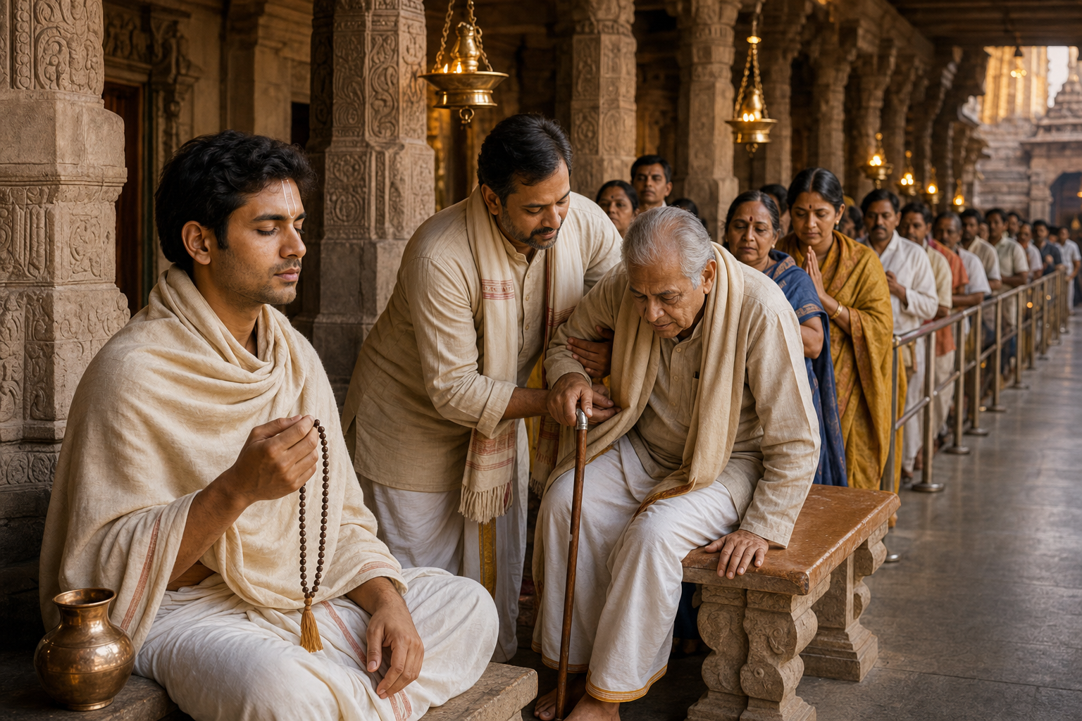 Devotees pray and assist an elderly pilgrim while waiting in an orderly covered temple queue.