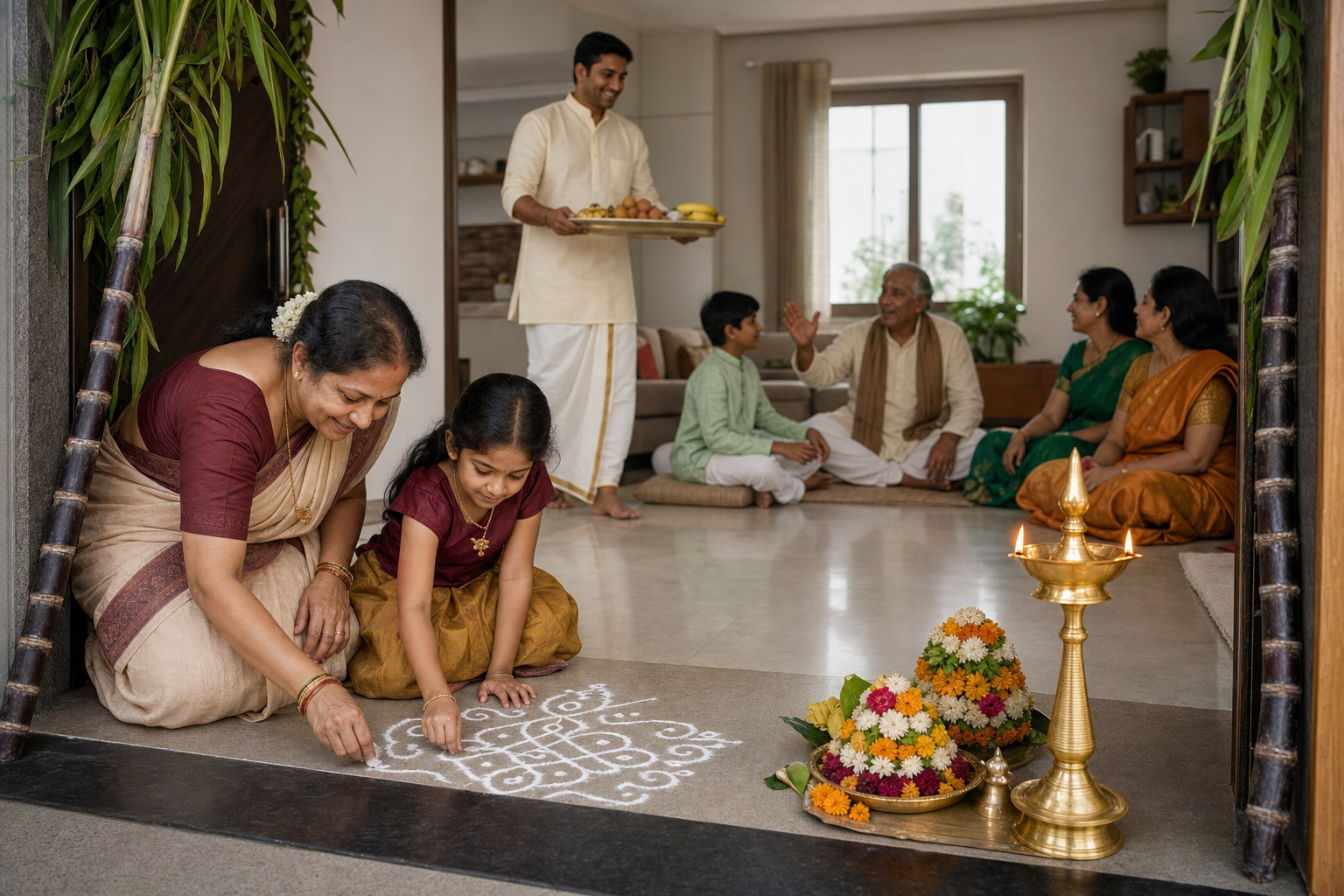A grandmother and child make a small muggu at an apartment entrance while relatives prepare festival food and gather for a family story.