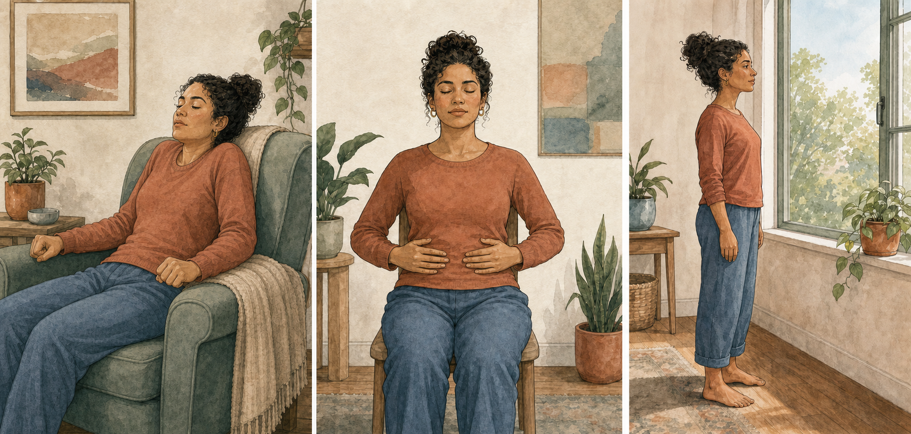 Three illustrations show an activated person using a gentle seated exhale, a calm person breathing naturally, and a tired person standing by an open window.