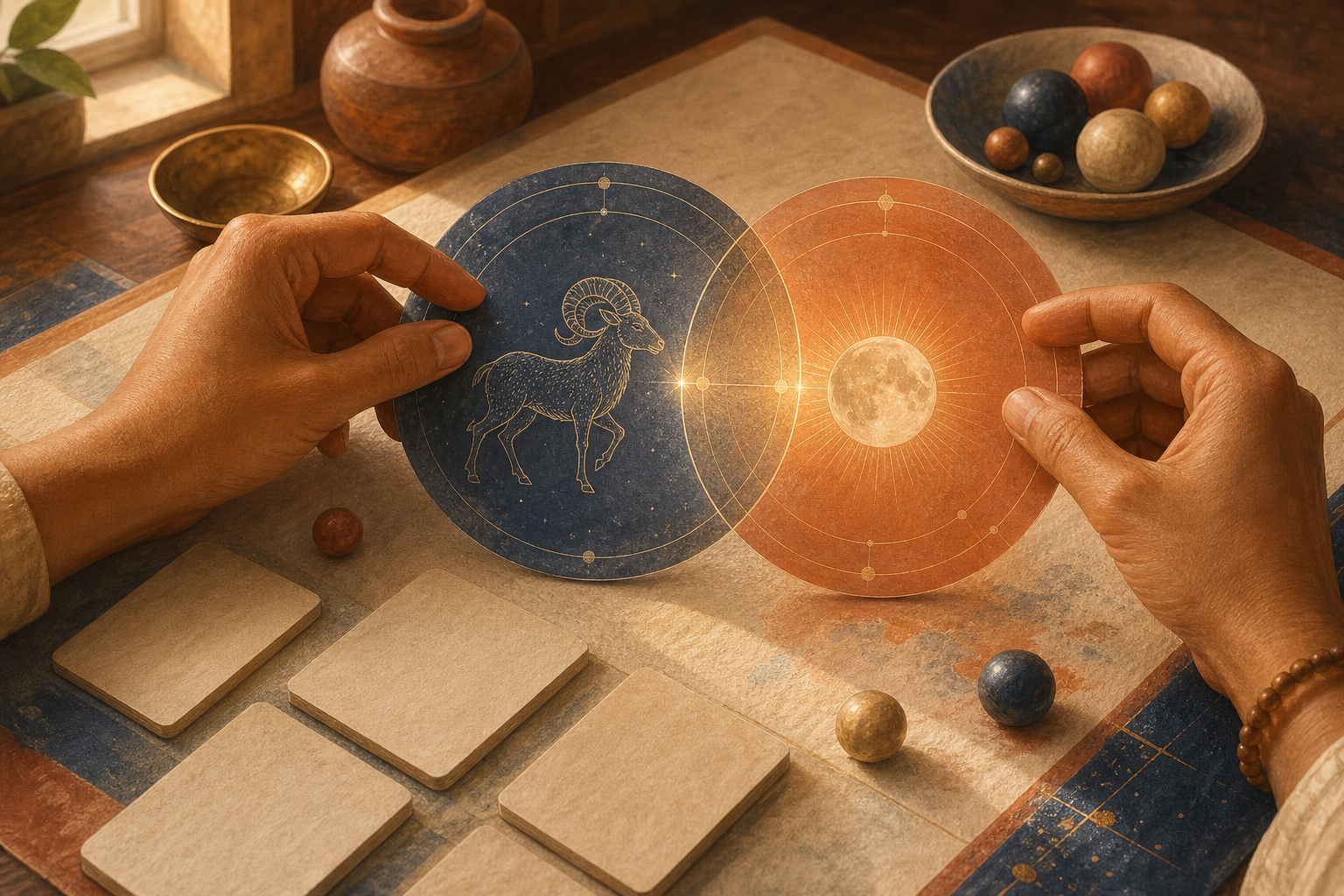 Hands align translucent celestial discs containing a ram motif and a glowing Moon marker on a desk.