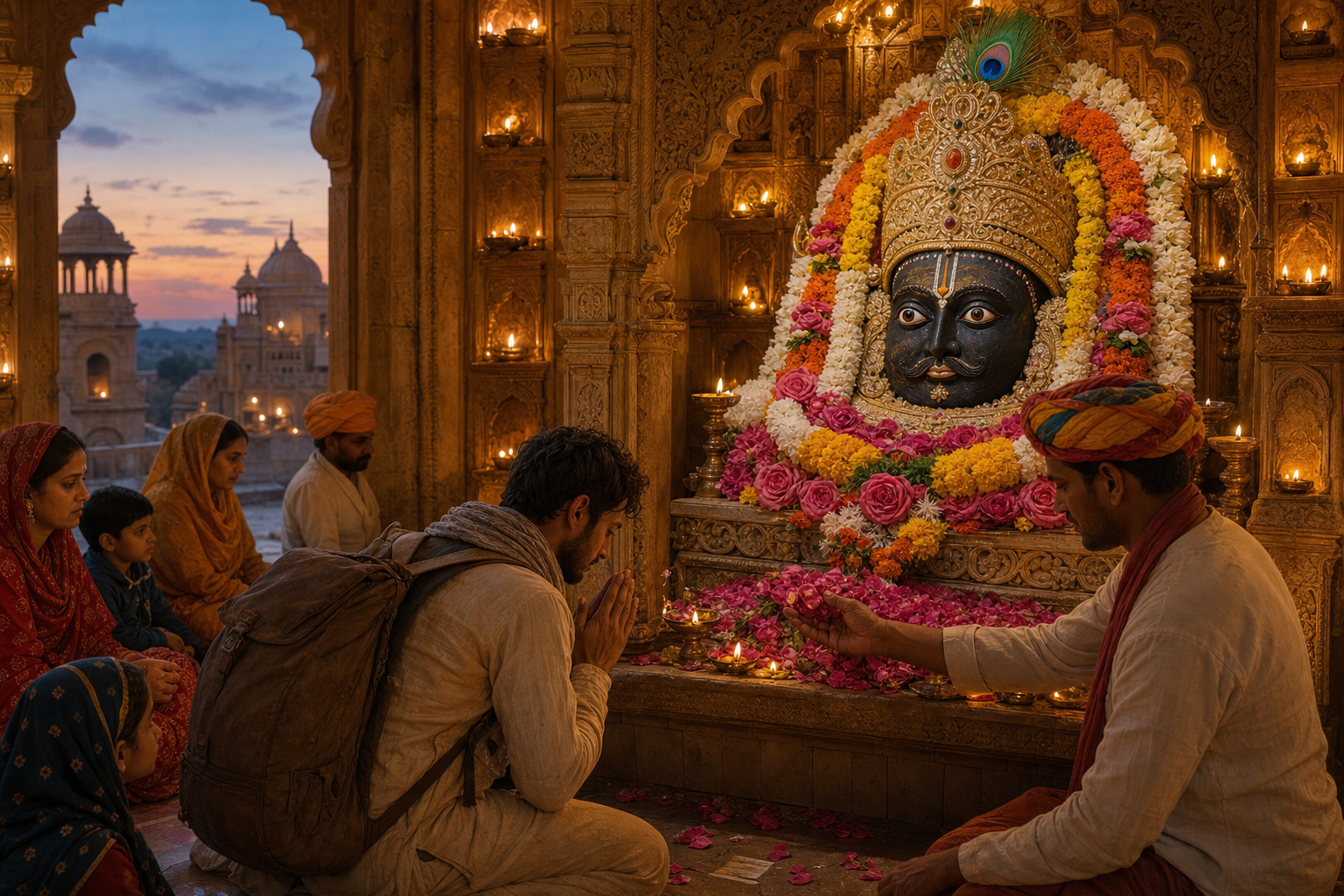 A weary pilgrim folds their hands before a flower-adorned sacred image of Shyam Baba inside a warmly lit Rajasthani shrine.