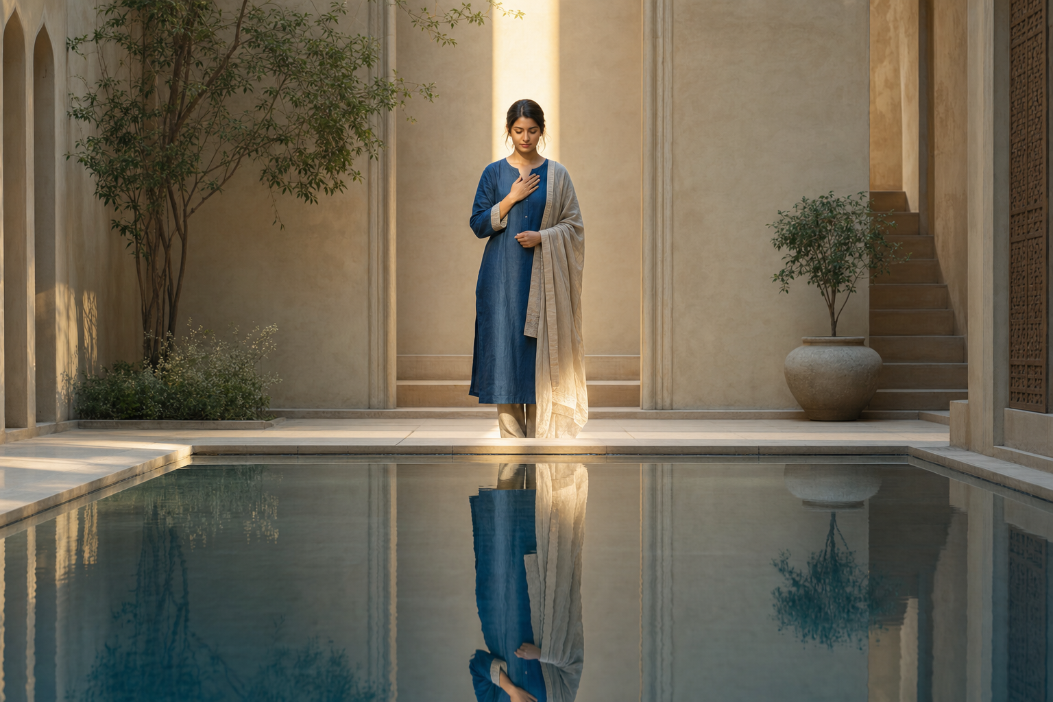 A thoughtful woman stands beside a still courtyard pool, with her reflection aligned beneath her in the morning light.