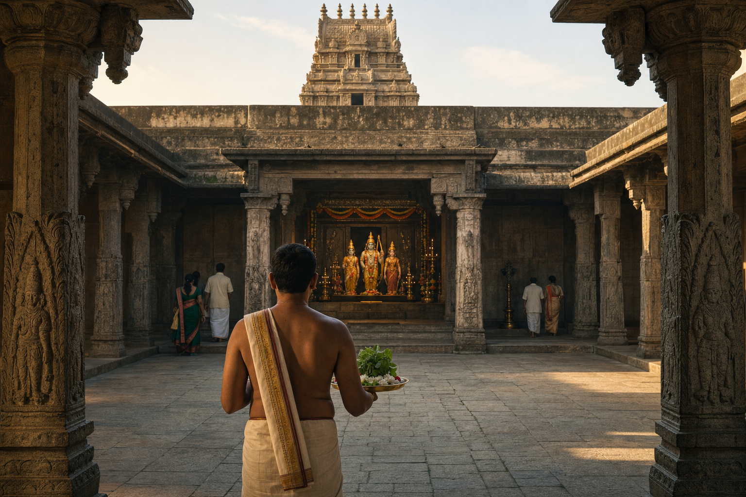 A devotee offers flowers and prays toward a softly lit Rama shrine in a Tirupati temple courtyard.