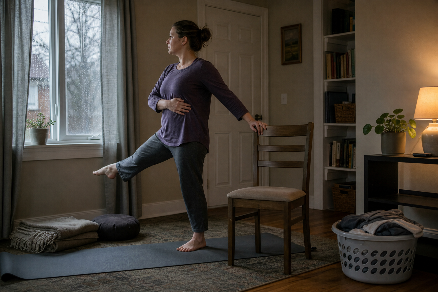 An adult uses a chair for support during a gentle home yoga stretch beside a partly unrolled mat on a rainy day.