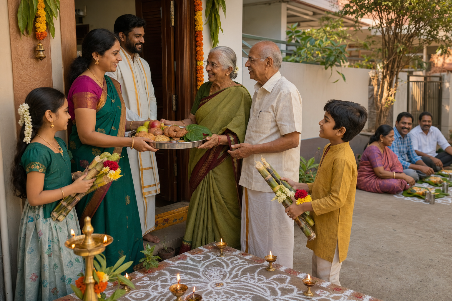 Neighbors exchange homemade festival foods at a muggu-decorated doorway while children and elders join a shared Sankranthi meal.