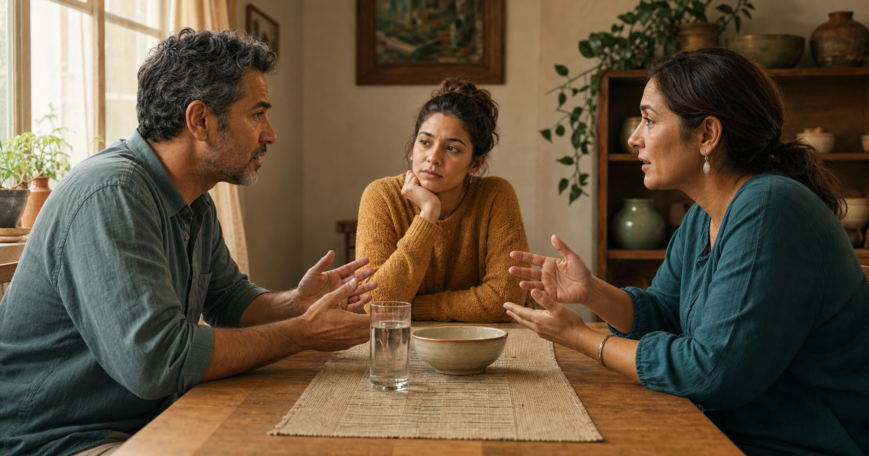 Three adults hold a measured conversation around a dining table, using open gestures and attentive posture.