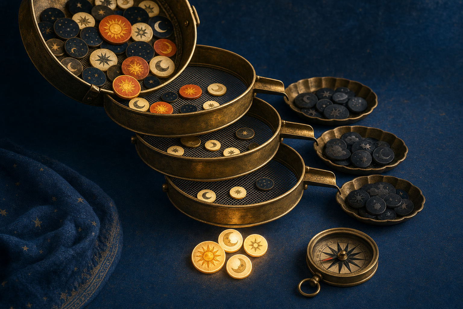 Celestial tokens pass through nested brass sieves while unsuitable tokens are separated into side trays.