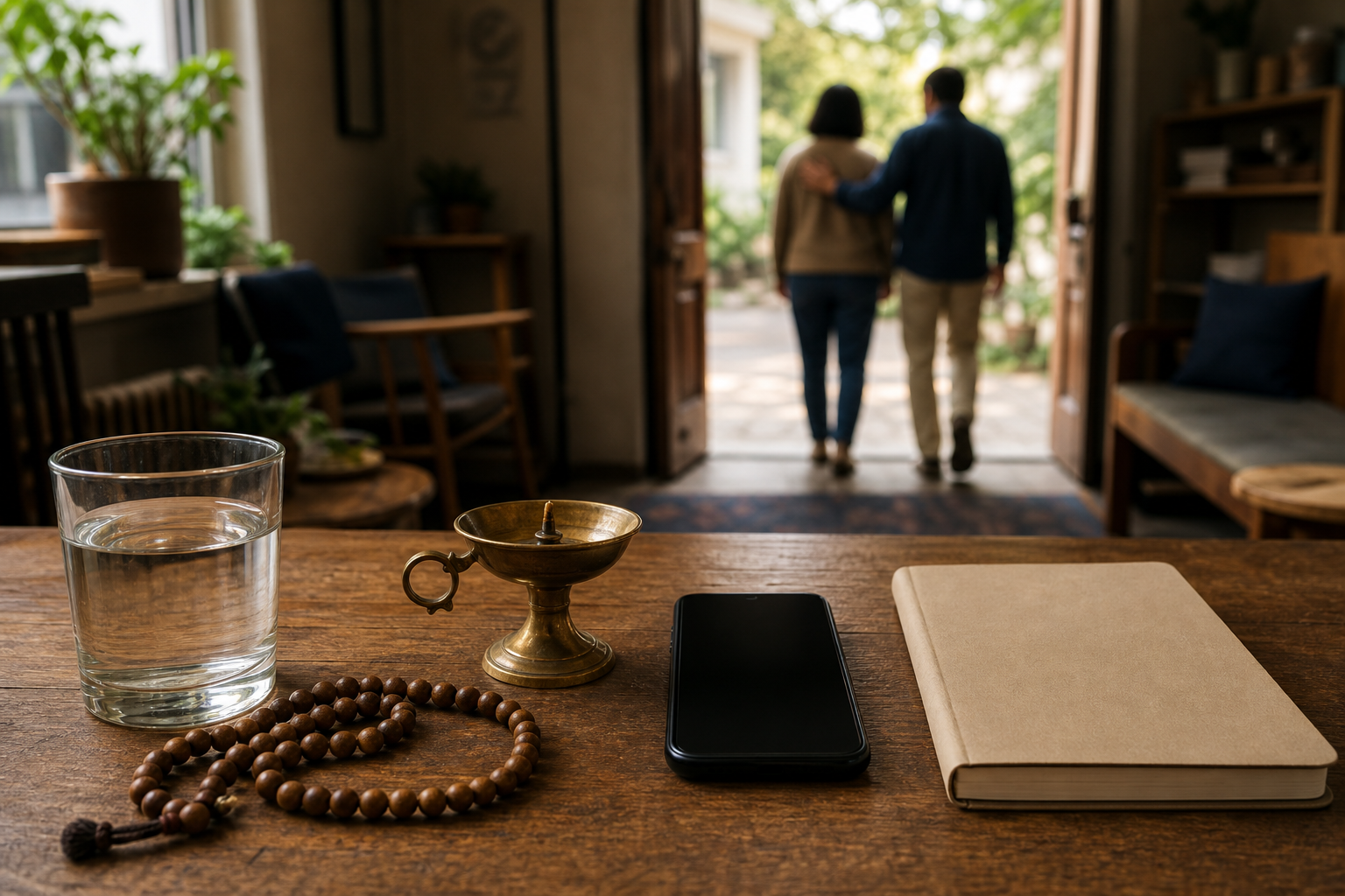 Meditation beads, a small brass lamp, water, a phone, and a closed notebook sit on a table as two adults approach a welcoming support space.