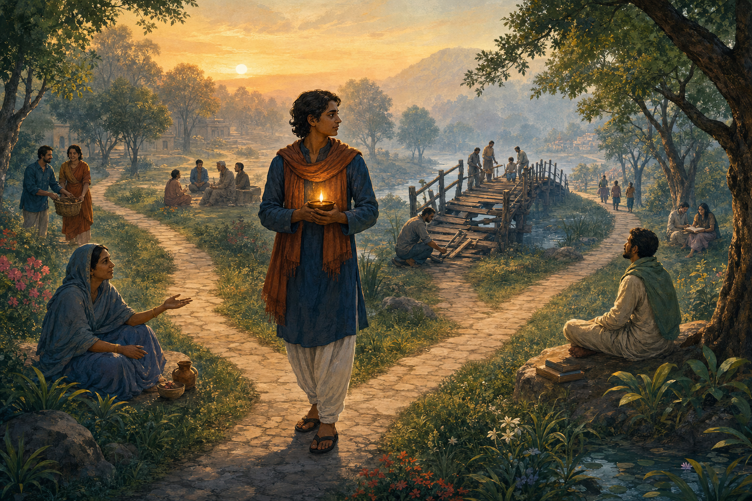 A person holding a small lamp considers three garden paths leading toward helping someone, repairing a bridge, and quiet reflection.