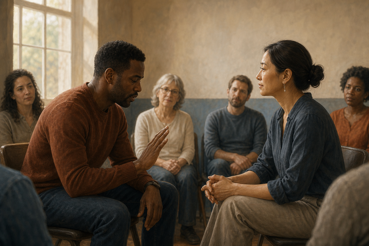 One speaker acknowledges a point during a calm community discussion while the other listens without celebrating.