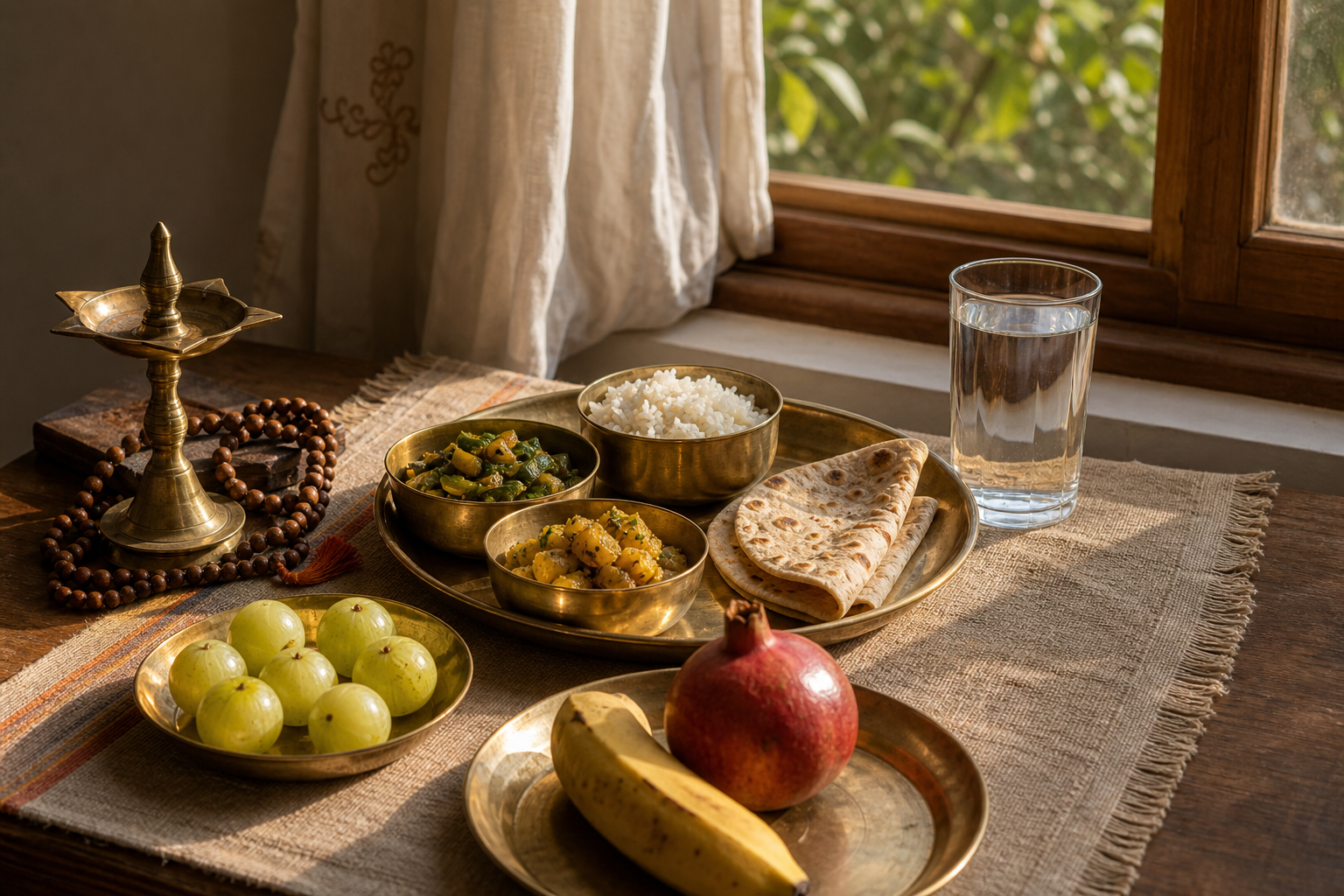 A simple vegetarian Parana meal with water and fruit is arranged in brass dishes in the early morning light.