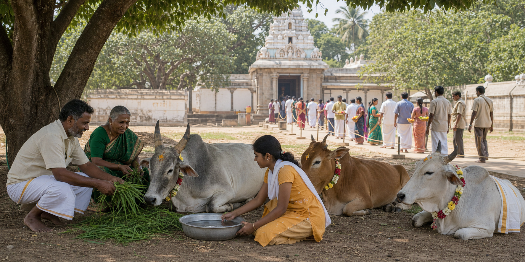 A family gently feeds loosely garlanded cattle in a shaded enclosure as devotees form an orderly offering queue at a temple in the background.