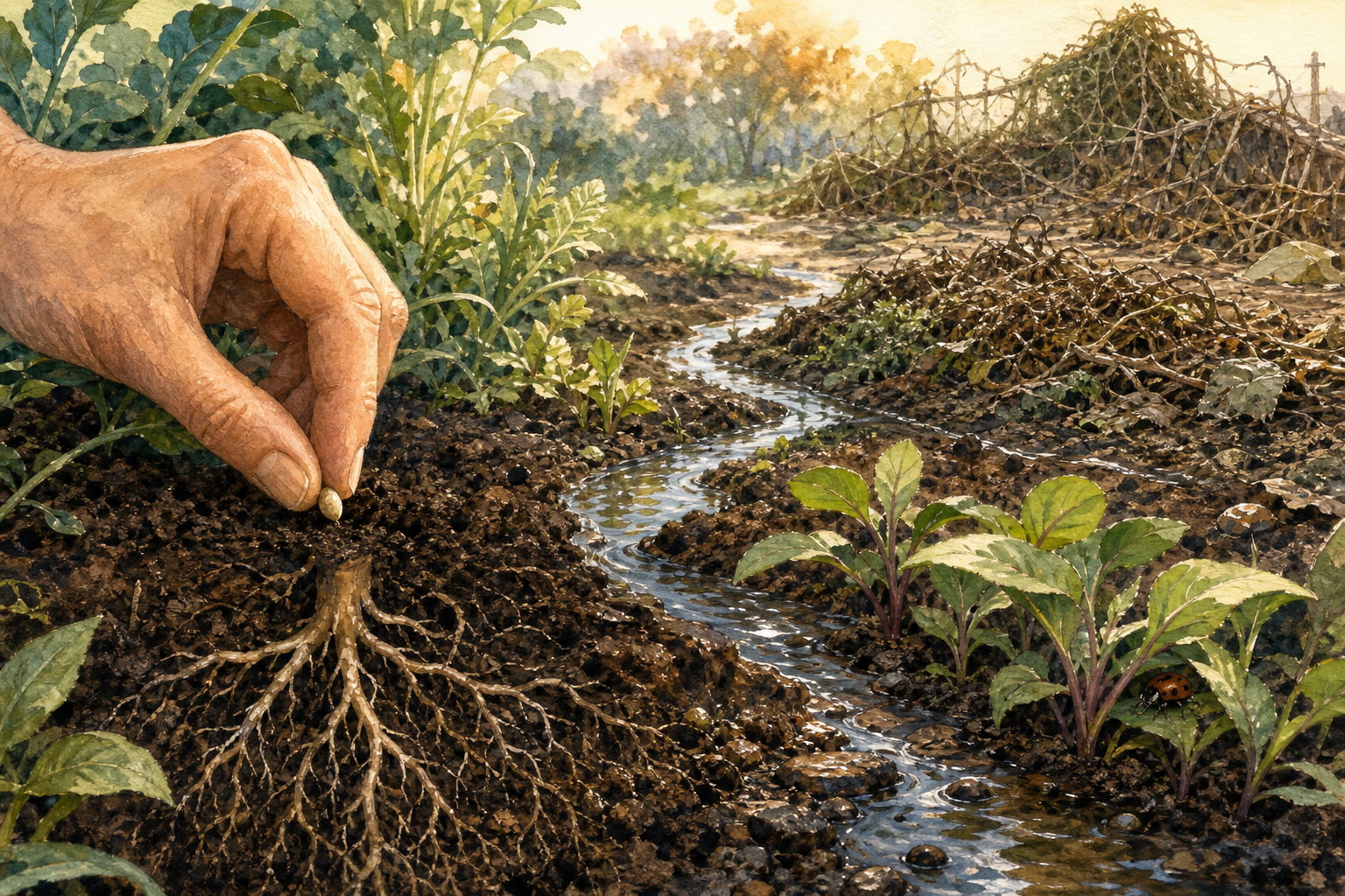 A hand plants a seed as roots, water, plants, and insects form a visible chain of effects across a garden.