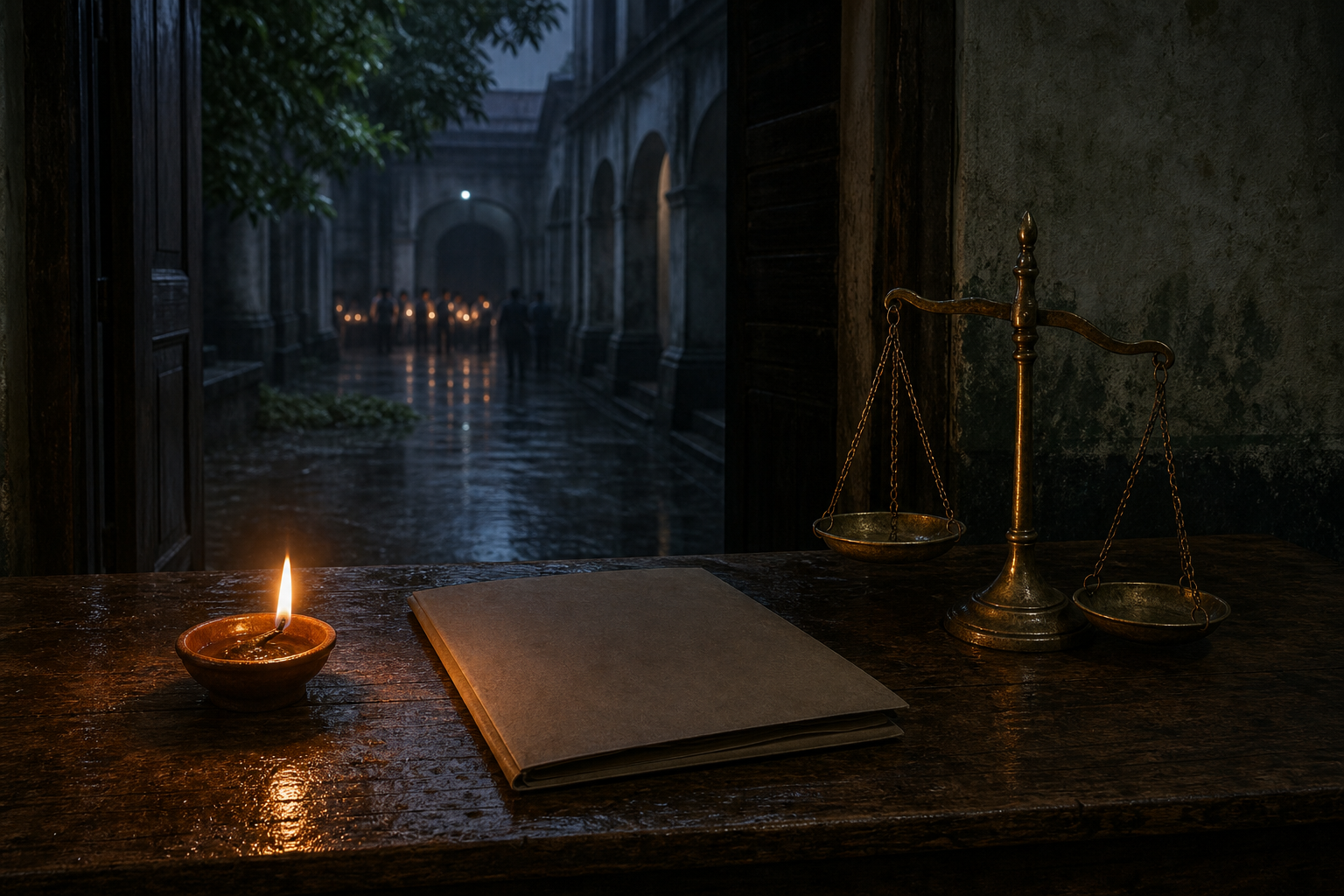 A glowing clay lamp, a closed evidence folder, and an unbalanced brass scale sit before a shadowed courthouse corridor.