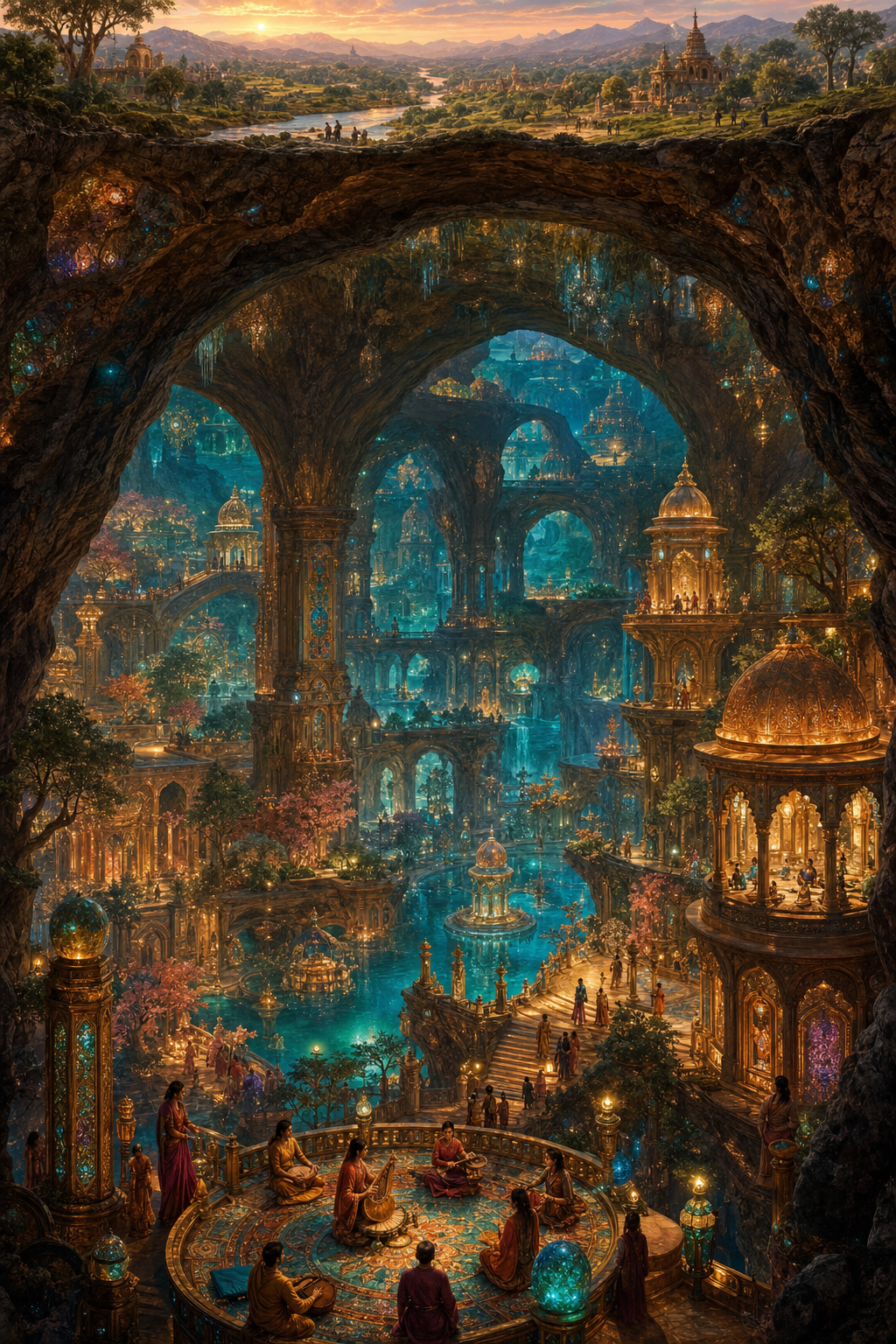 A cutaway view beneath an inhabited earthly landscape reveals Atala as a luminous subterranean realm of palaces, gardens, pools, and jeweled architecture.