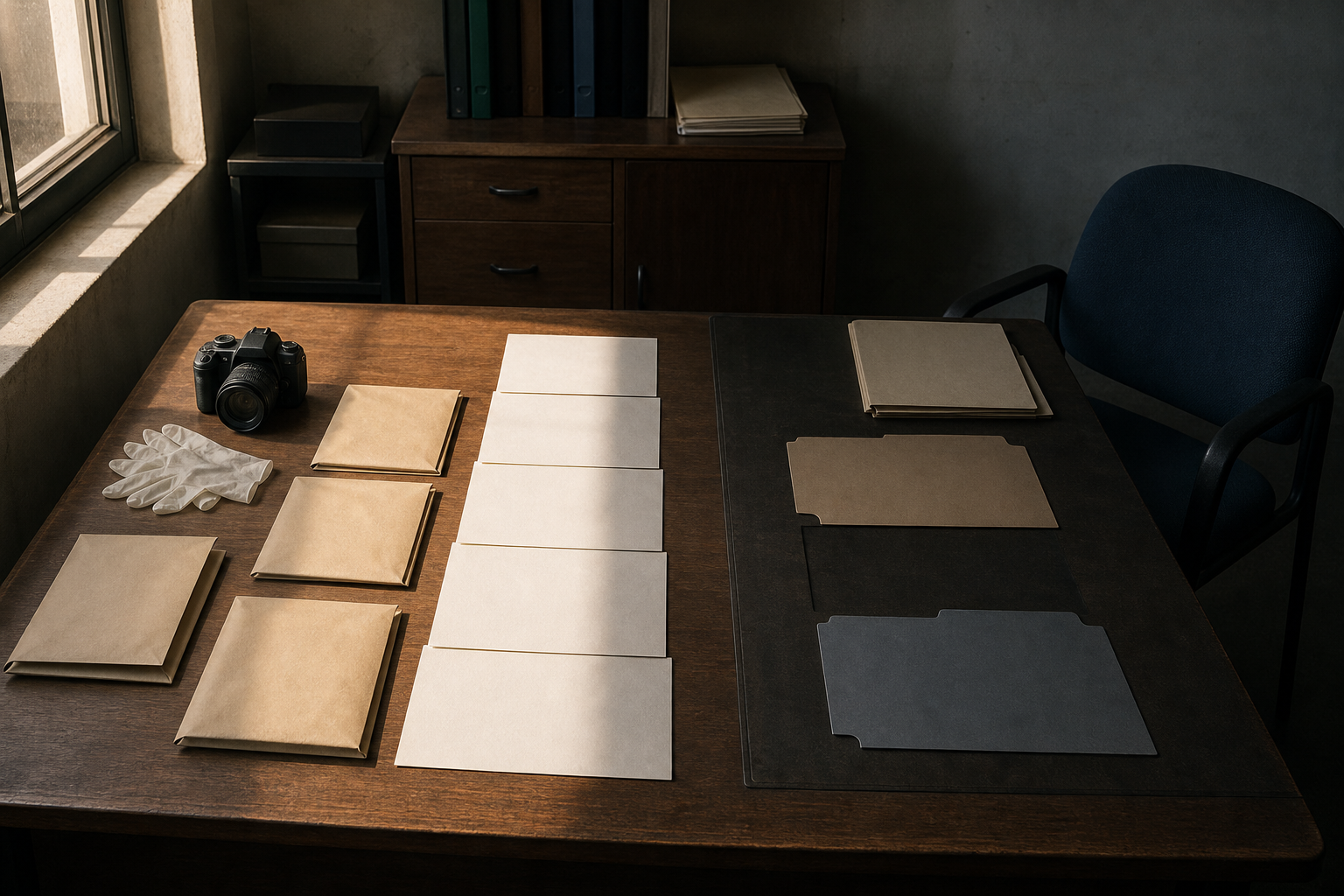 A legal investigator's desk shows organized evidence materials in the light and empty file spaces beside a vacant chair in shadow.
