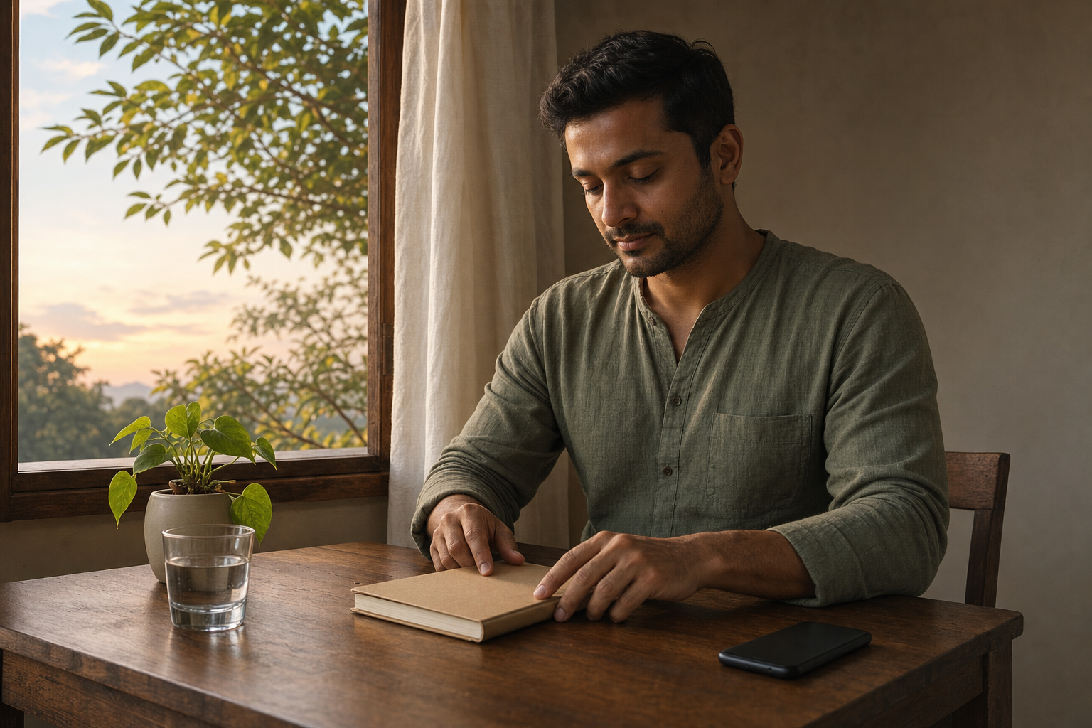 An adult sits at a tidy desk at dawn with a closed notebook, water, a plant, and a phone placed face down.