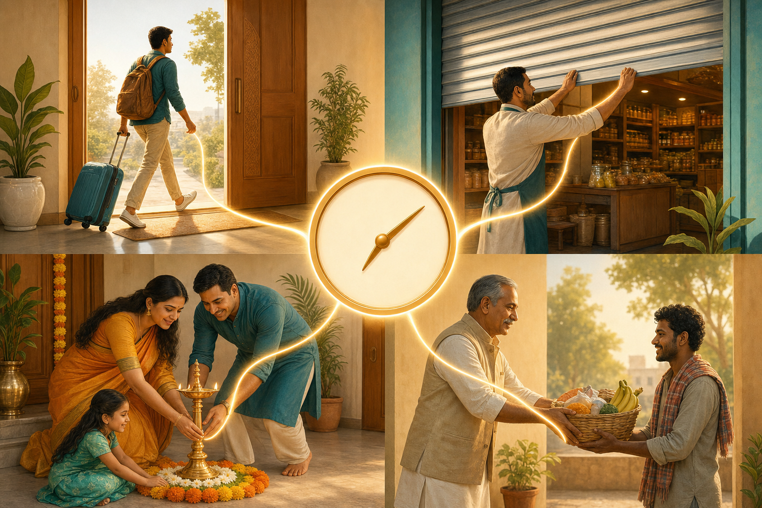 Four vignettes show a traveler departing, a shop opening, a family entering a new home, and a donor giving a food basket around a central clock.