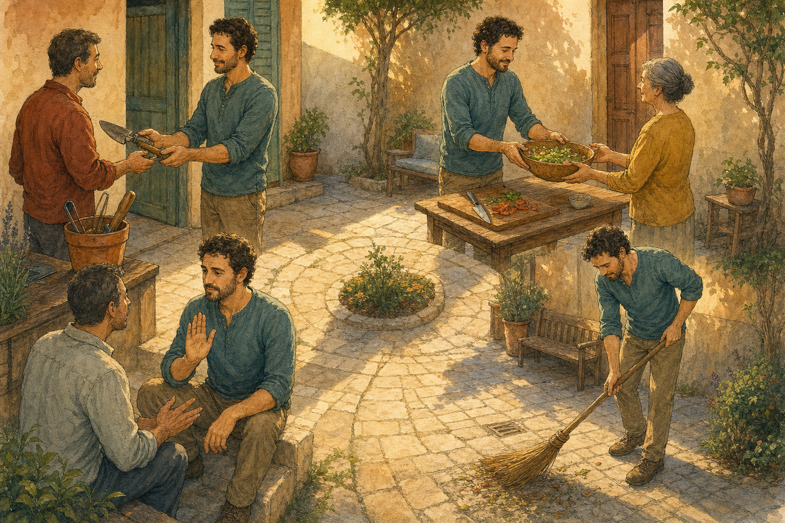 Successive views of one person returning a tool, sharing food, pausing during conflict, and cleaning a common courtyard.