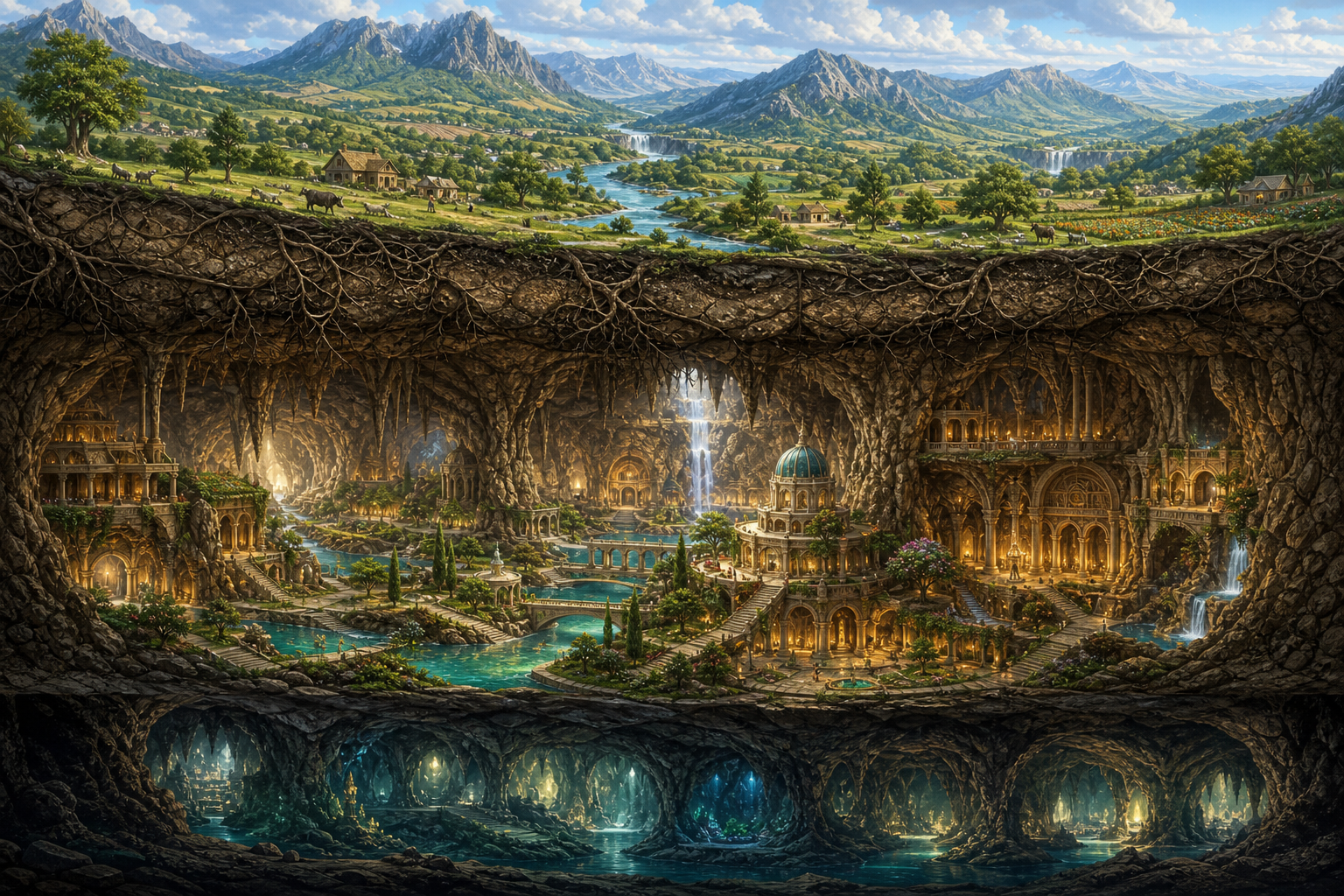 A side cutaway shows the inhabited earth above a bright palatial subterranean realm, with fainter cavern layers descending below it.