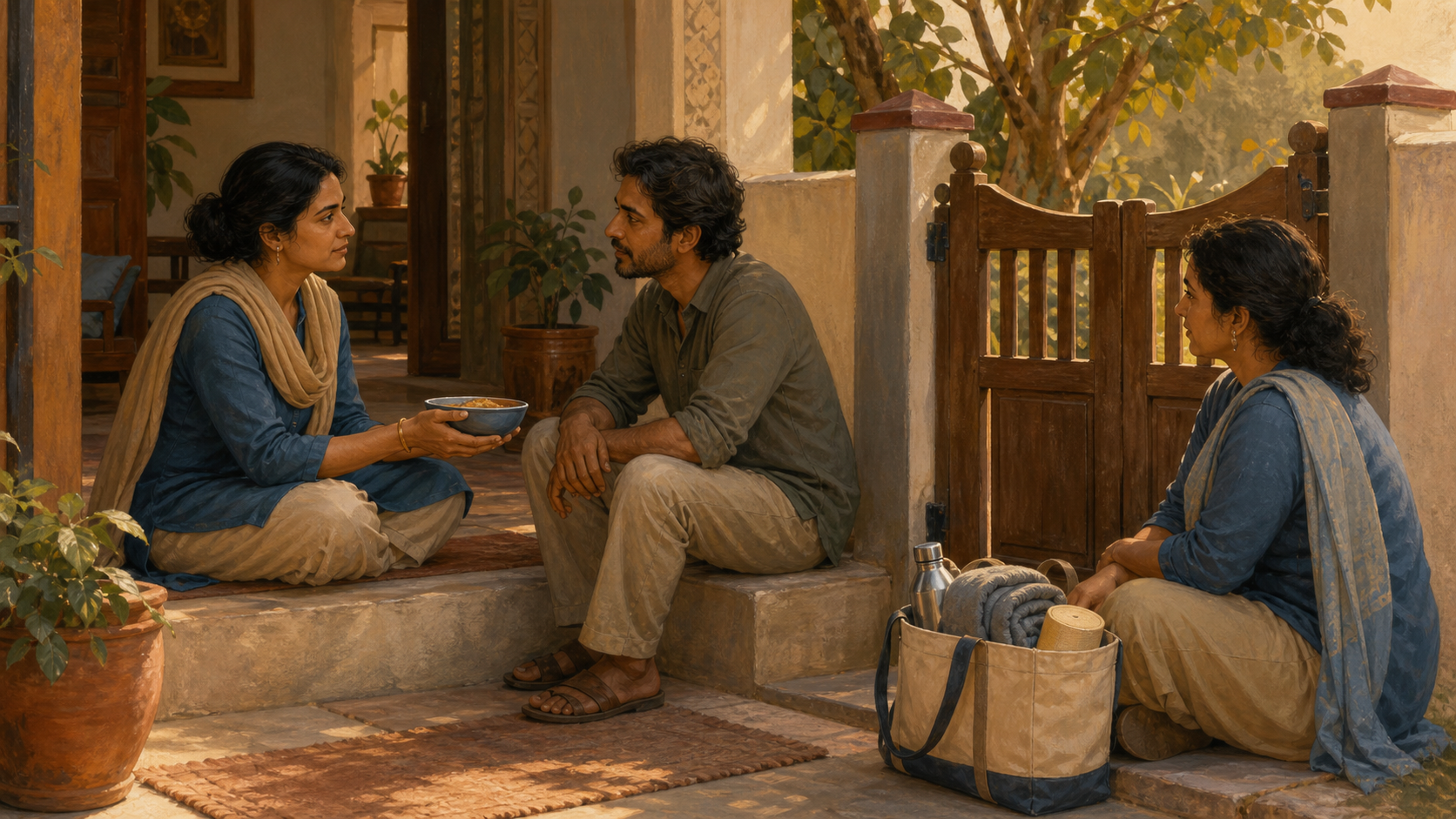 Two adults speak at a home threshold beside a closed low gate, while food and practical supplies are offered with care.