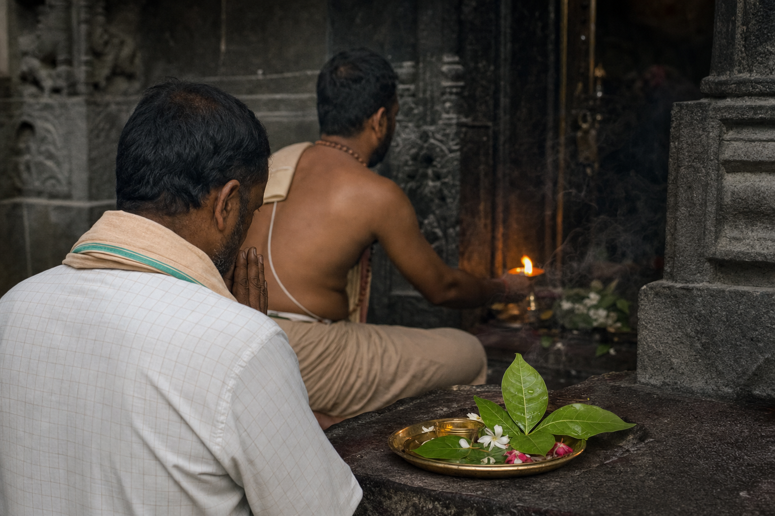A devotee offers bilva leaves and flowers while a priest tends an oil lamp near a Shaivite sanctum.