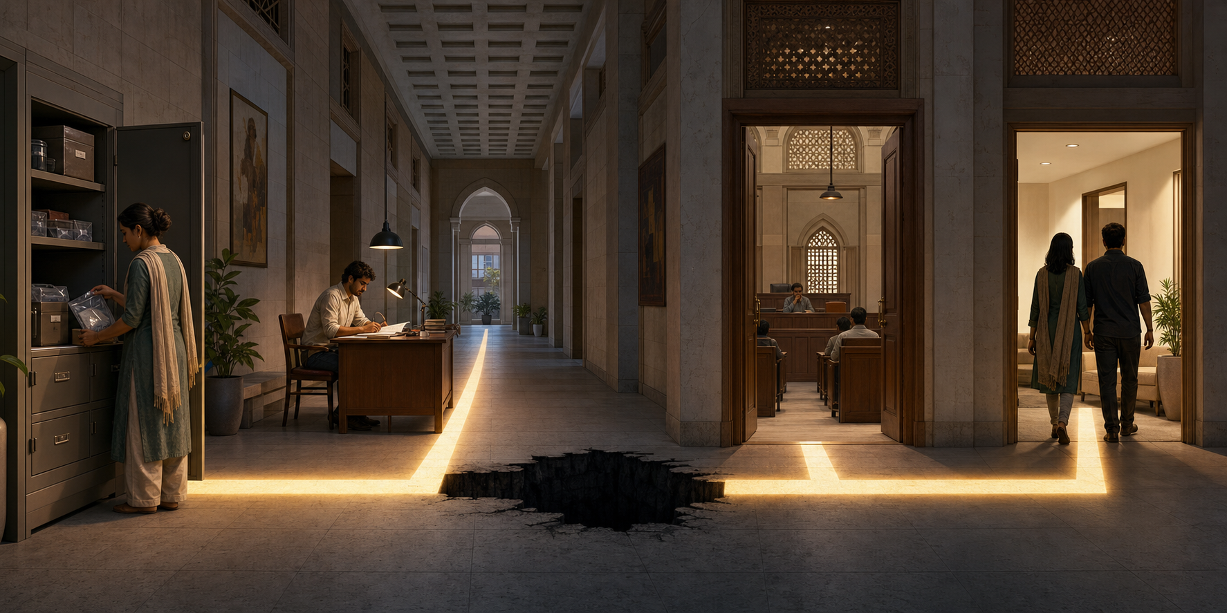 A courthouse passage links evidence storage, investigation, judicial review, and a protected office with a continuous band of light.