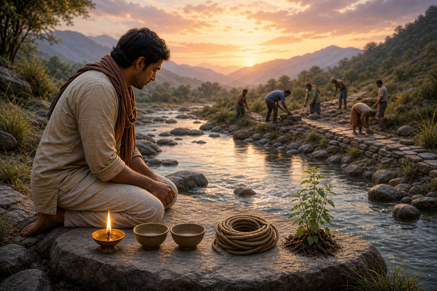 A person considers a lamp, two balanced bowls, a rope, and a medicinal plant before crossing a river toward people repairing a path.