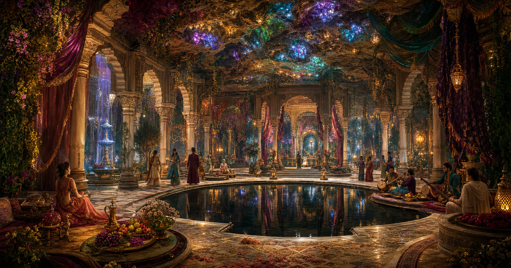 Elegantly dressed figures gather in a jewel-lit subterranean pavilion surrounded by carved columns, gardens, fountains, musical instruments, and reflective pools.