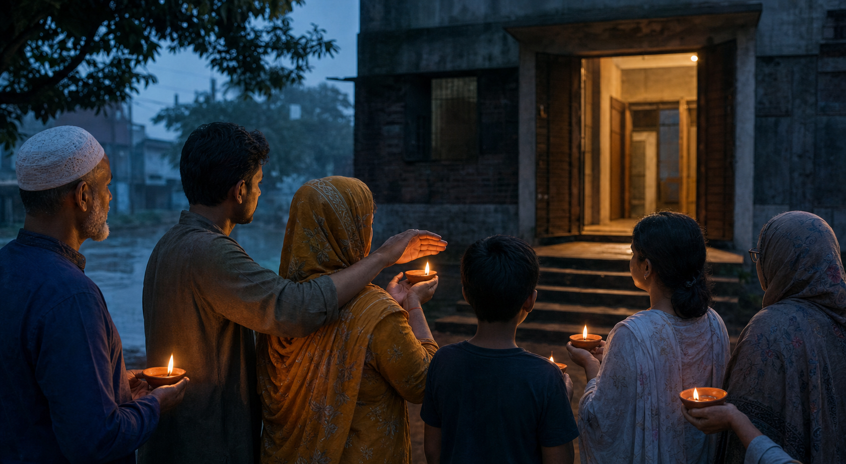 A diverse group of Bangladeshi neighbors holds clay lamps at dusk as one person shields another's flame from the wind.