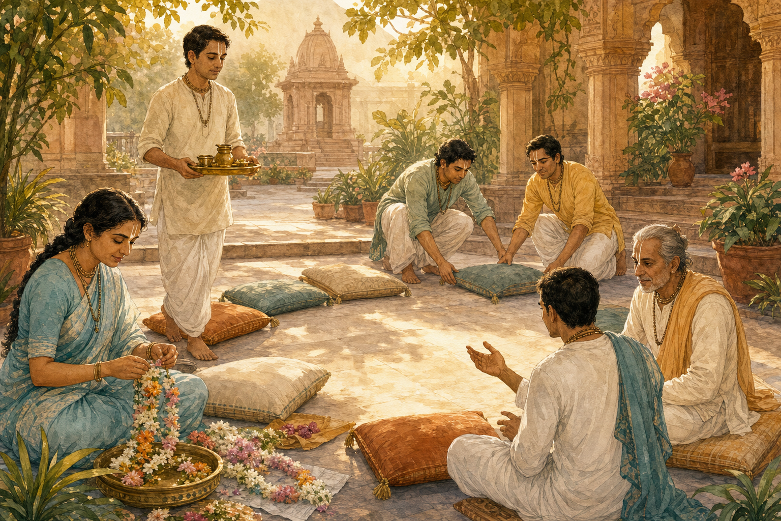 Devotees cooperate in a sunlit temple courtyard by arranging flowers, carrying a tray, and preparing floor cushions together.