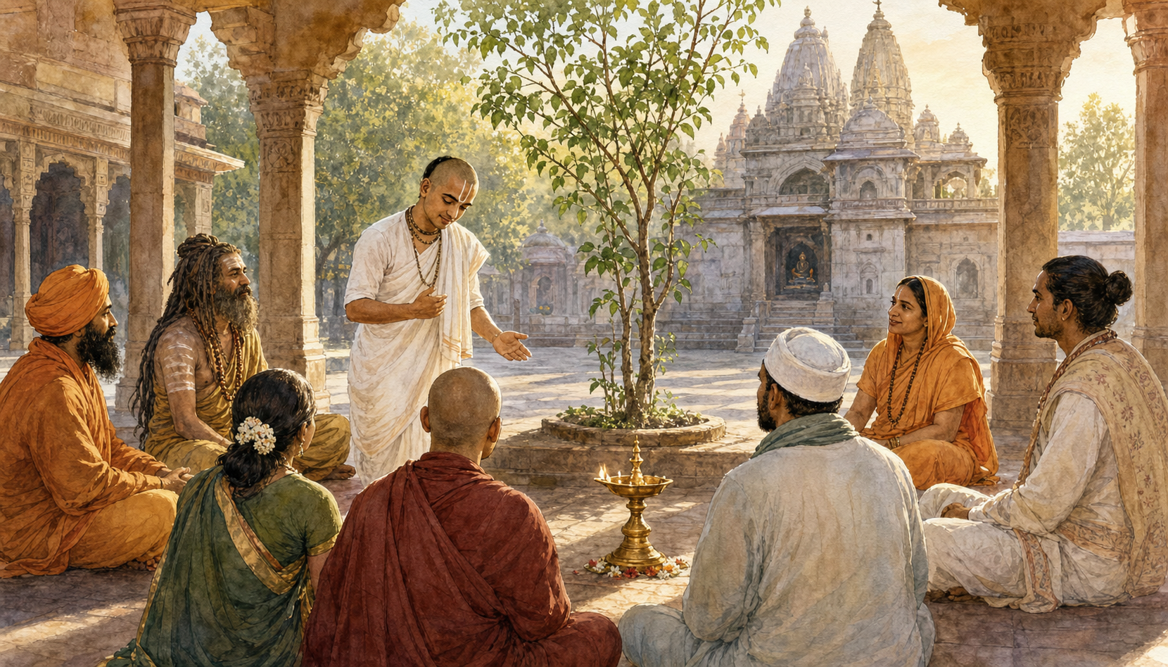 A Vaishnava practitioner with a lowered head welcomes several dharmic practitioners gathered around an oil lamp and a young tree in a temple courtyard.