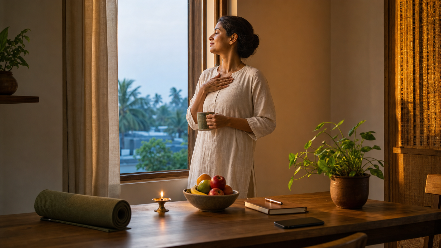 A person pauses by a sunlit window in a calm home beside a yoga mat, fruit bowl, brass lamp, notebook, plant, and face-down phone.