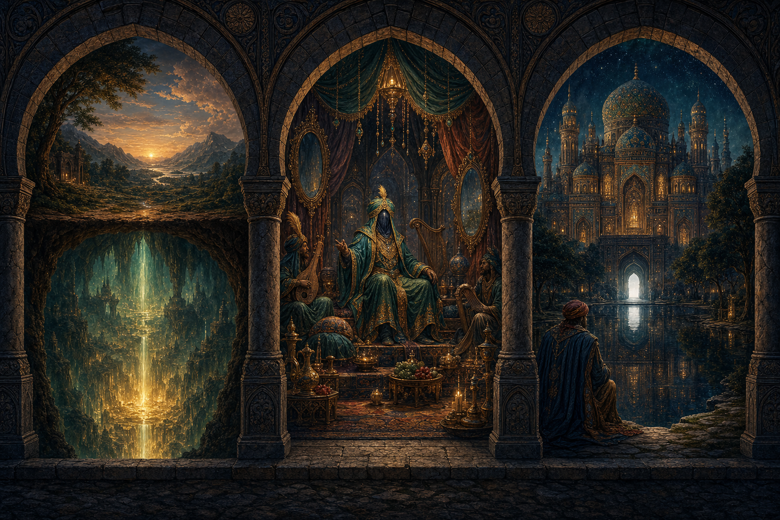 Three adjoining arches show the earth above a luminous cavern, an ornate magical court, and a solitary traveler reflecting beside a palace pool.