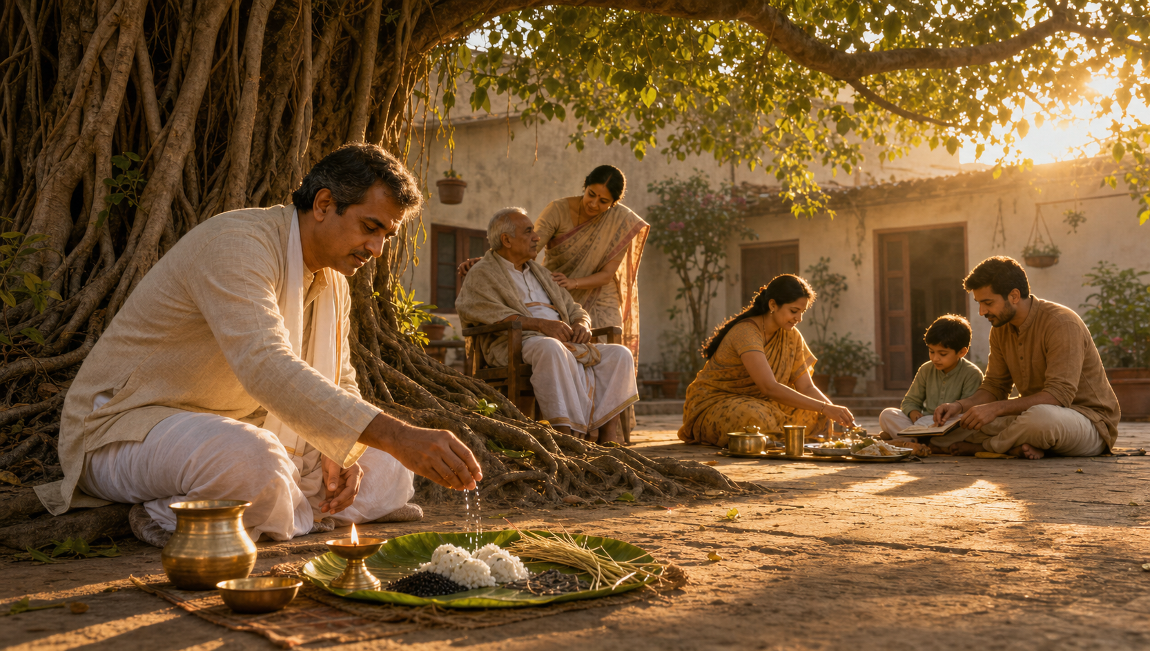 A family in an Indian courtyard combines a simple ancestral offering with caring for an elder, sharing food, and guiding a child beneath a banyan tree.