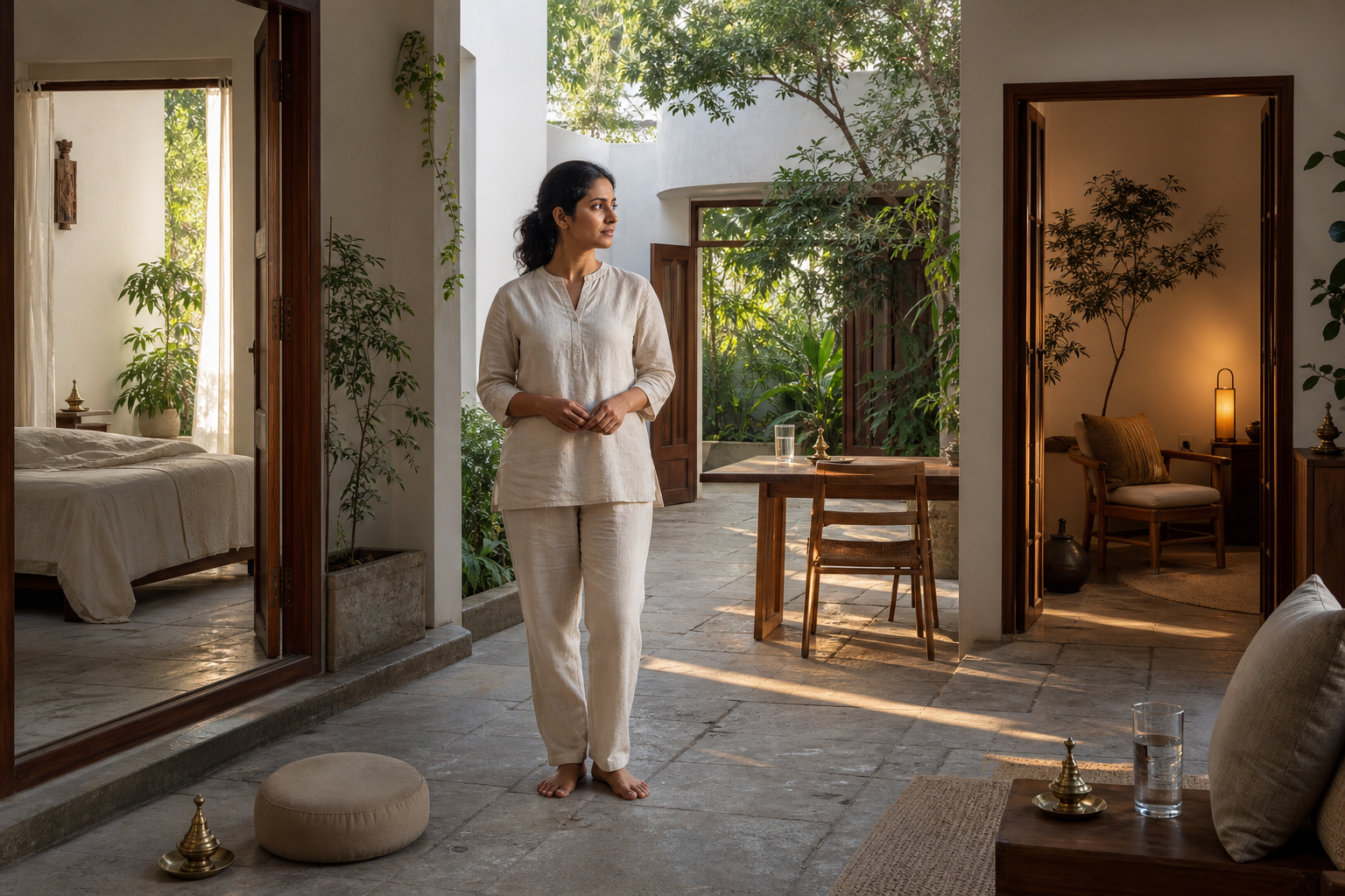 A person stands in a home courtyard connecting morning, workday, and evening spaces through changing natural light.
