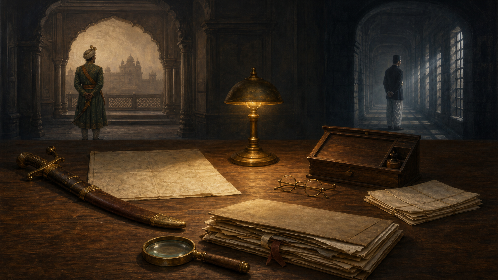 An archival table displays a Mysore-era sword and fort map beside spectacles, prison papers, and a cellular jail corridor, with two historical silhouettes in the background.