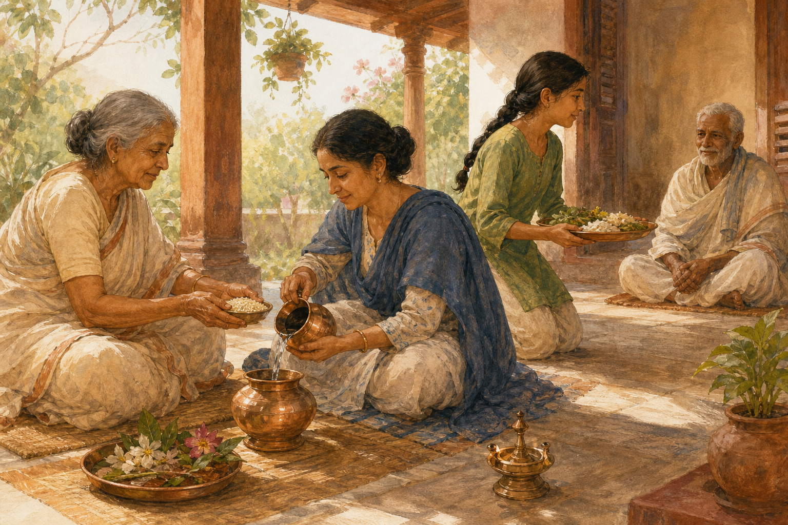 Three generations sit together on a veranda, passing grain, offering water, and carrying food in a circular arrangement of reciprocal care.