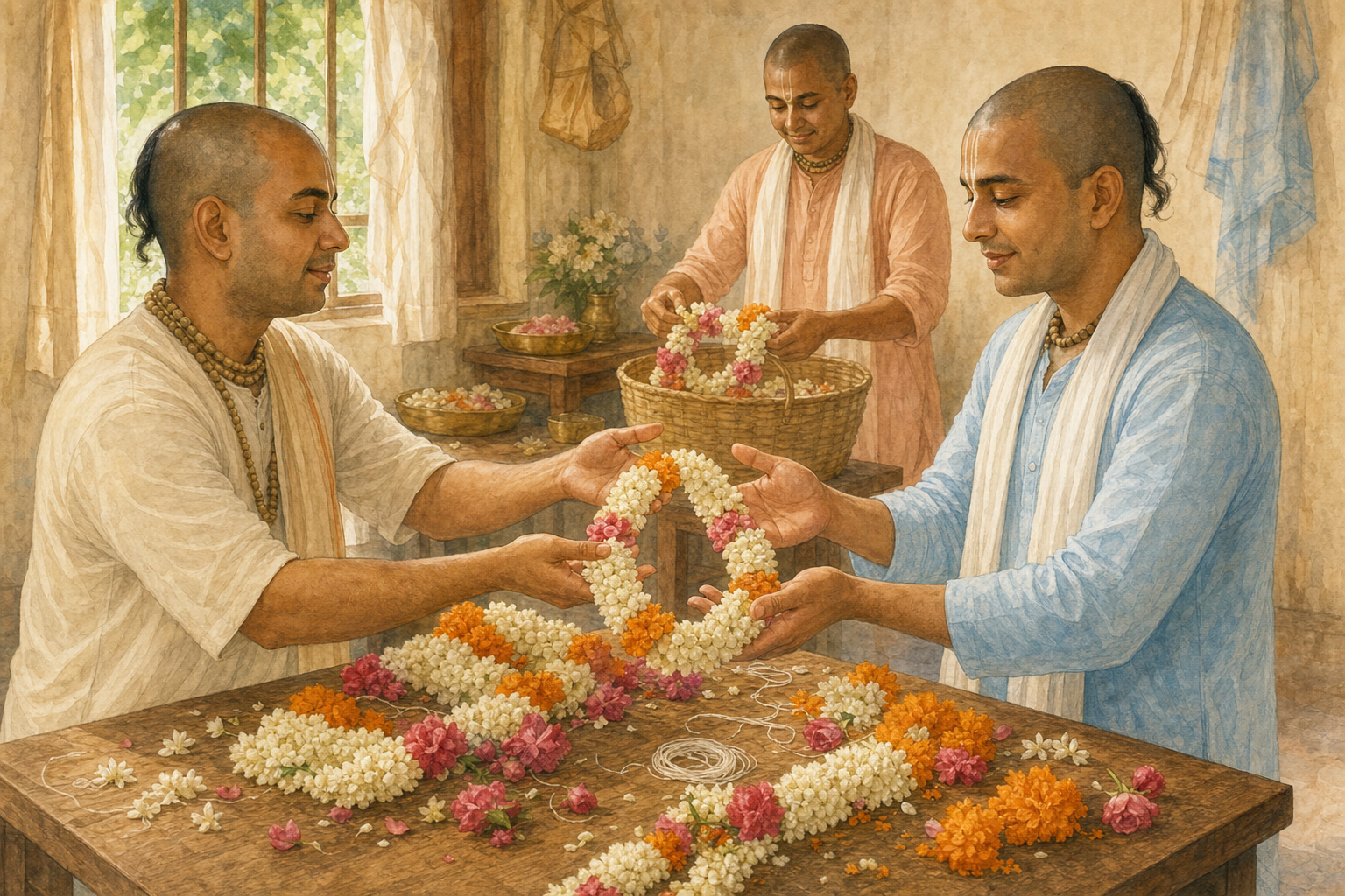 Two devotees share an unfinished flower garland across a worktable while another places completed garlands in a basket.
