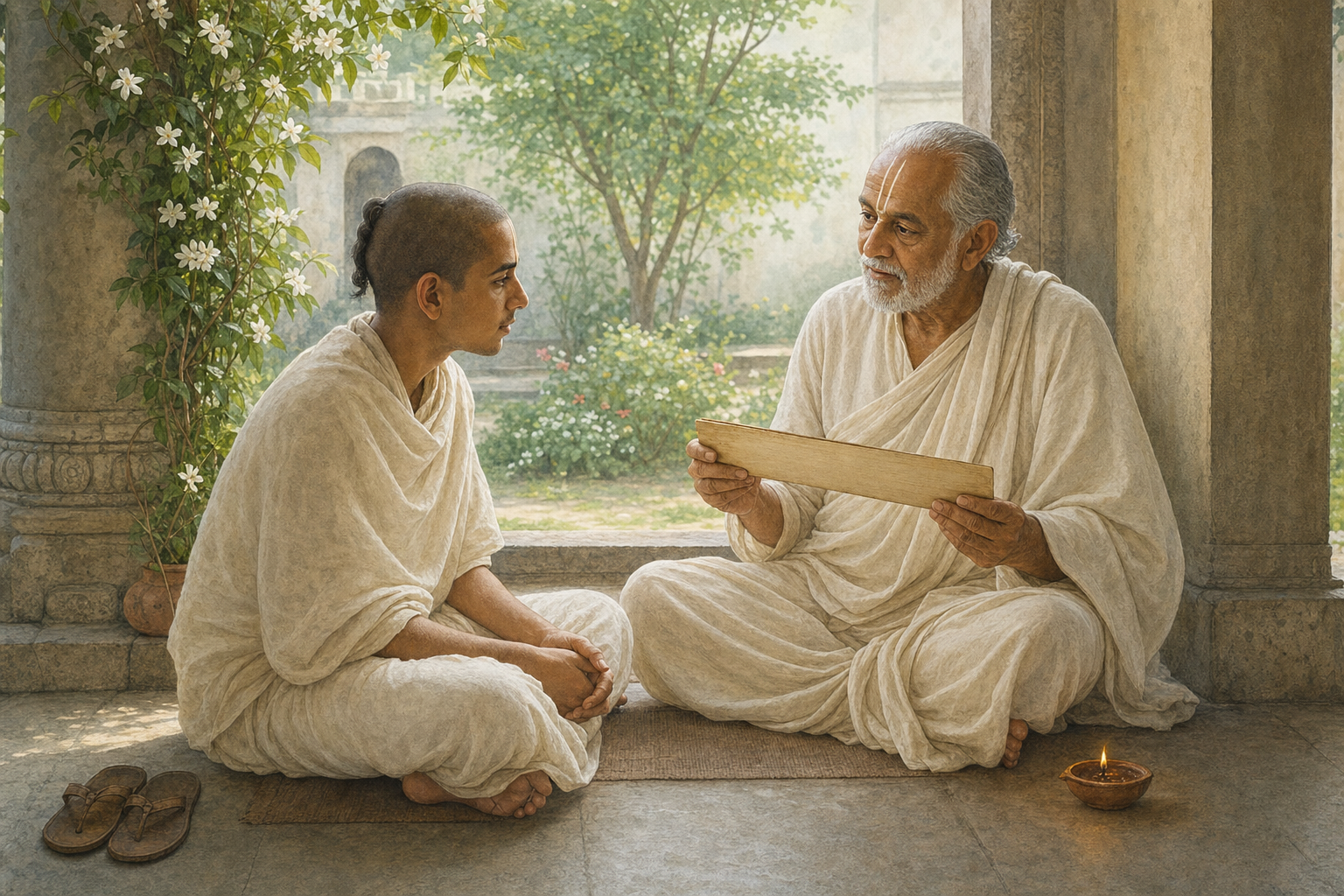 An elderly Vaishnava teacher and a younger student listen to one another while seated on a shaded veranda beside a garden.
