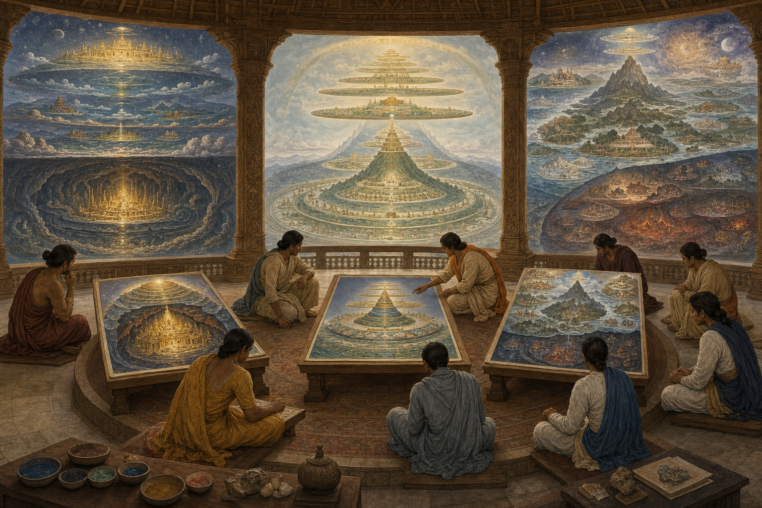 Scholars in a circular pavilion compare separate illustrated folios while three distinct layered cosmological visions appear behind them.
