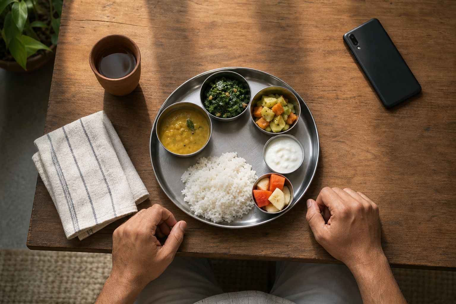 A balanced vegetarian thali with rice, dal, vegetables, greens, yogurt, and fruit sits before a diner's resting hands, with a phone placed face down nearby.