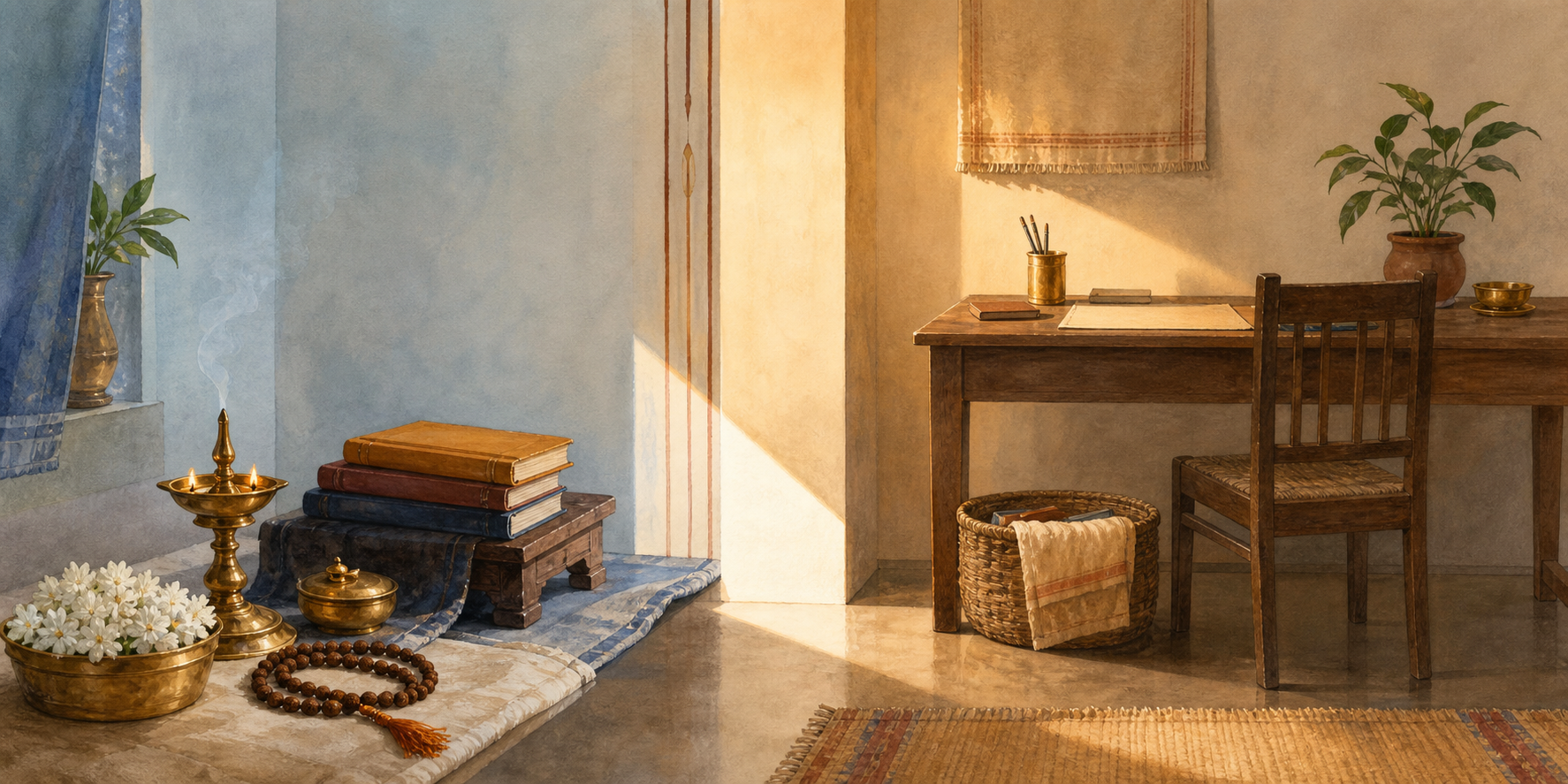 A winter midday sunbeam divides a home prayer space with a diya and flowers from an orderly work area.