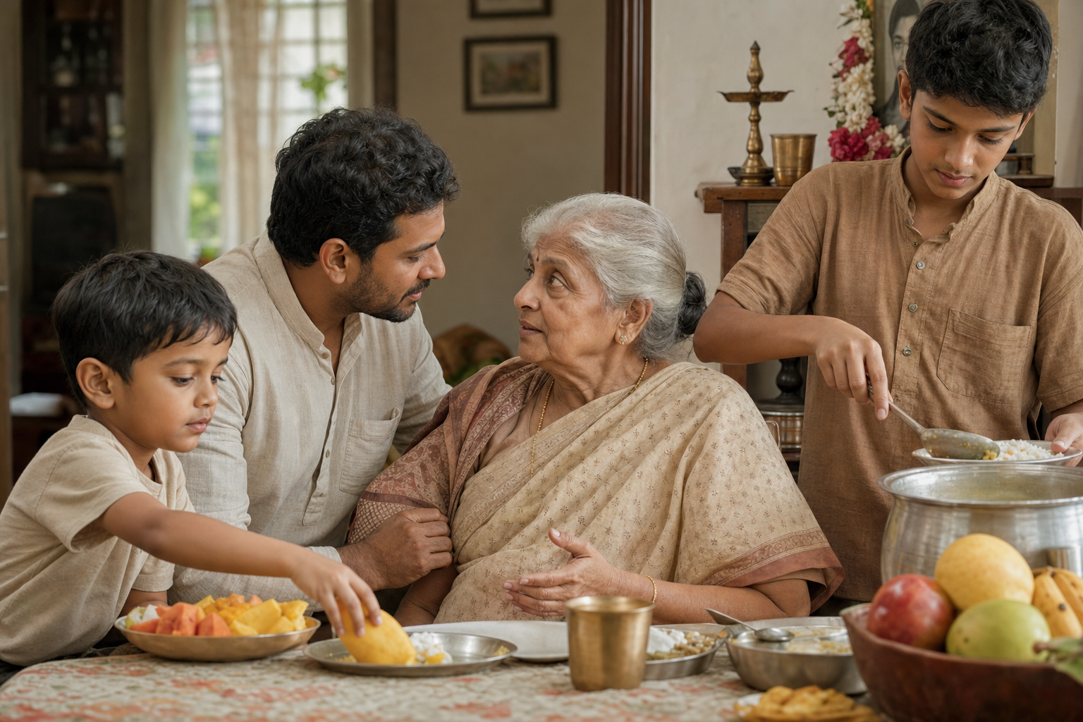 Family members listen to an elderly woman, serve a shared meal, and arrange fruit while simple remembrance objects rest on a shelf behind them.