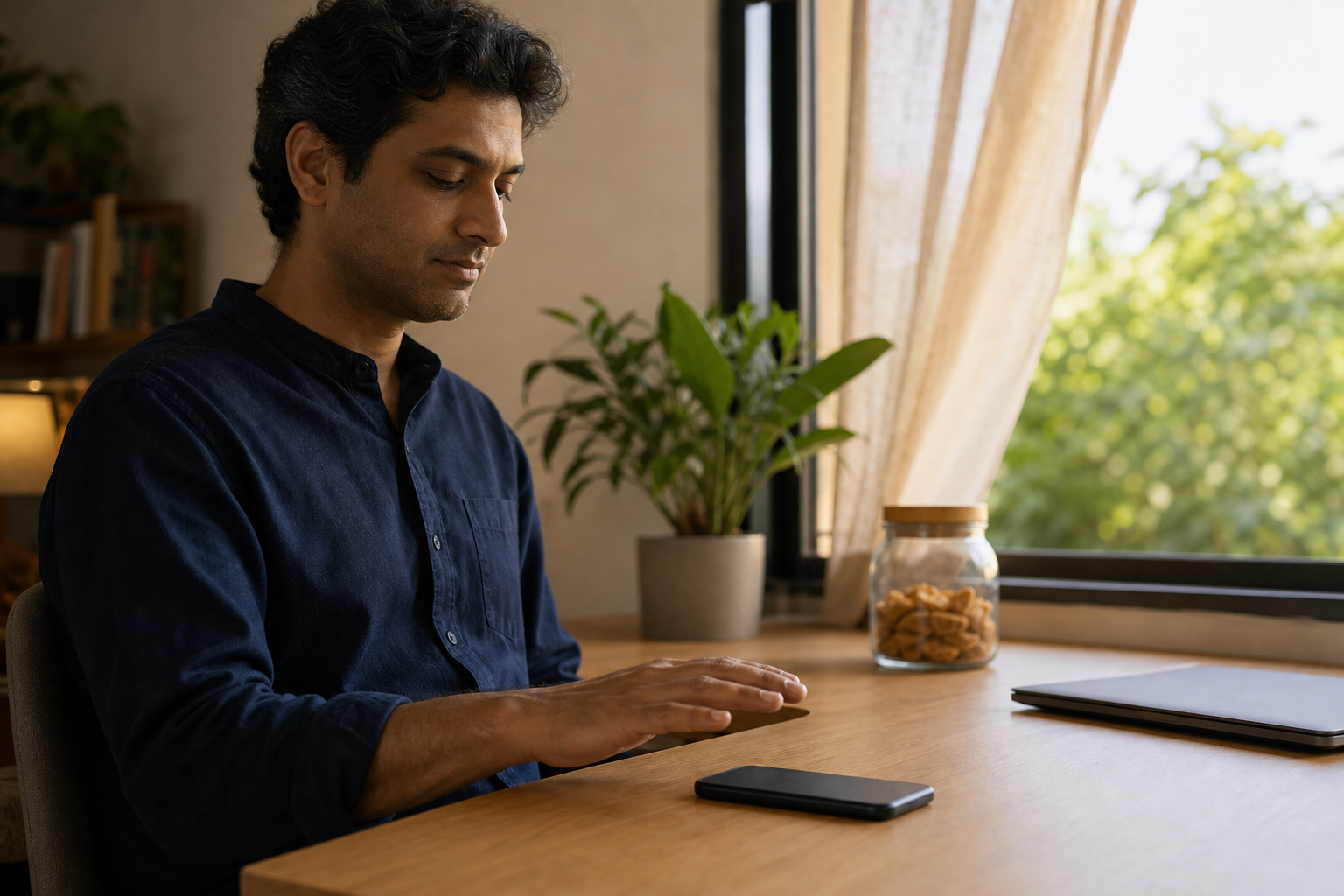 A seated person pauses with one hand hovering above a face-down smartphone while taking a calm breath at a desk.