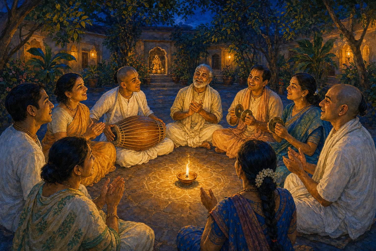 A circle of devotees sings together in a courtyard while playing a drum and hand cymbals around a small oil lamp.