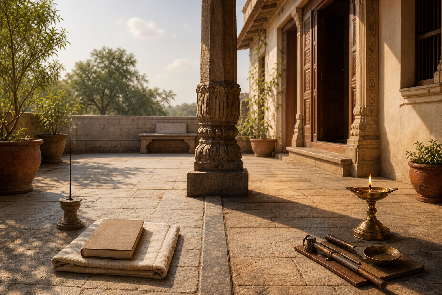 A pillar shadow crosses the center of a courtyard between a quiet prayer setting and an open, sunlit work area.