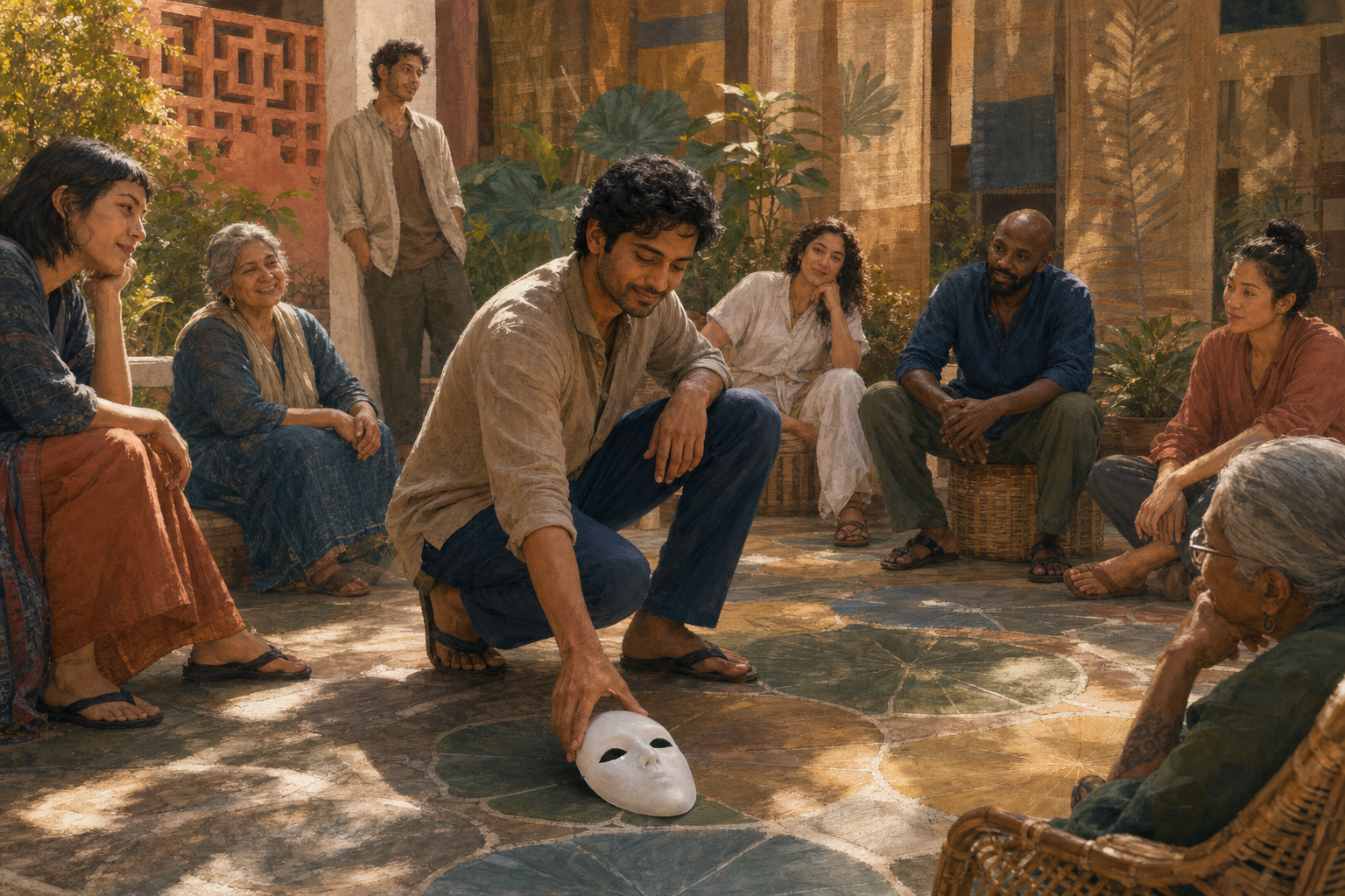 A person sets down a white theatrical mask while standing in an open circle of people in a sunlit courtyard.