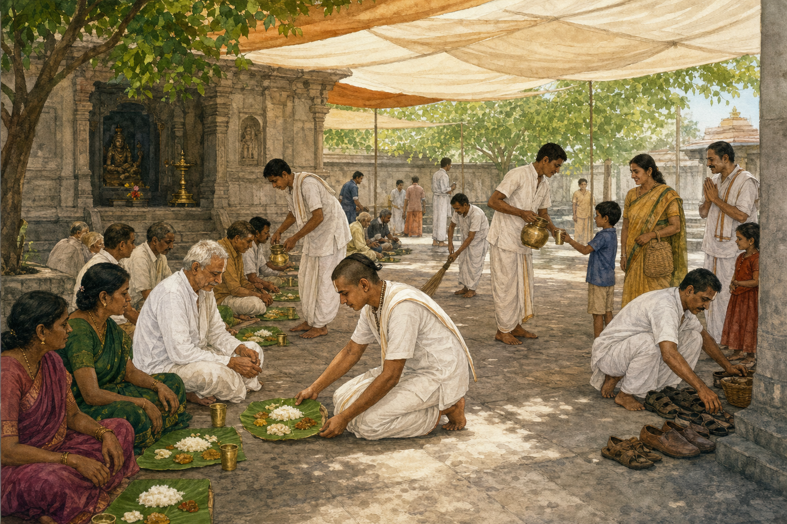 Vaishnava volunteers serve a communal meal, offer water, arrange shoes, and clean a temple courtyard for arriving guests.